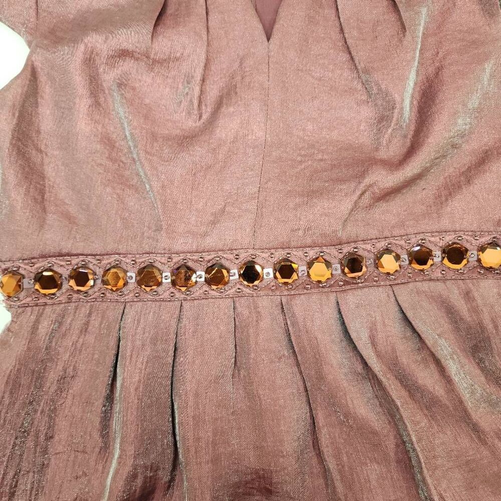 Adrianna Papell Pink Shimmer Dress Short Sleeve Shantung Size 14 Embelished Wais - Picture 6 of 7
